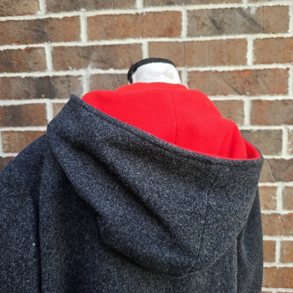 Vintage Gray Hooded Wool Coat with Red Interior Trim - Picture 7 of 16